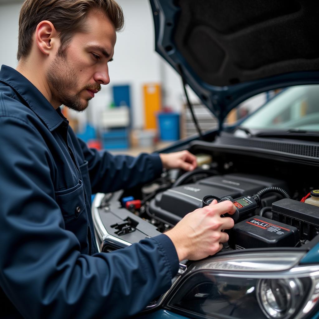 A certified car service technician working on a vehicle