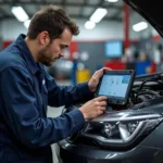 ASE Certified Car Technician Performing Vehicle Diagnostics and Repair