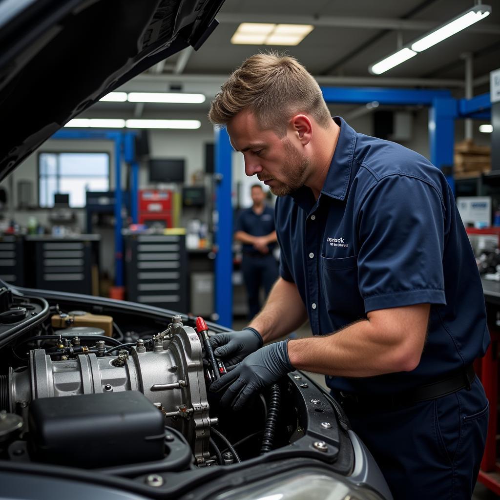 Certified Car Transmission Mechanic Working on a Vehicle