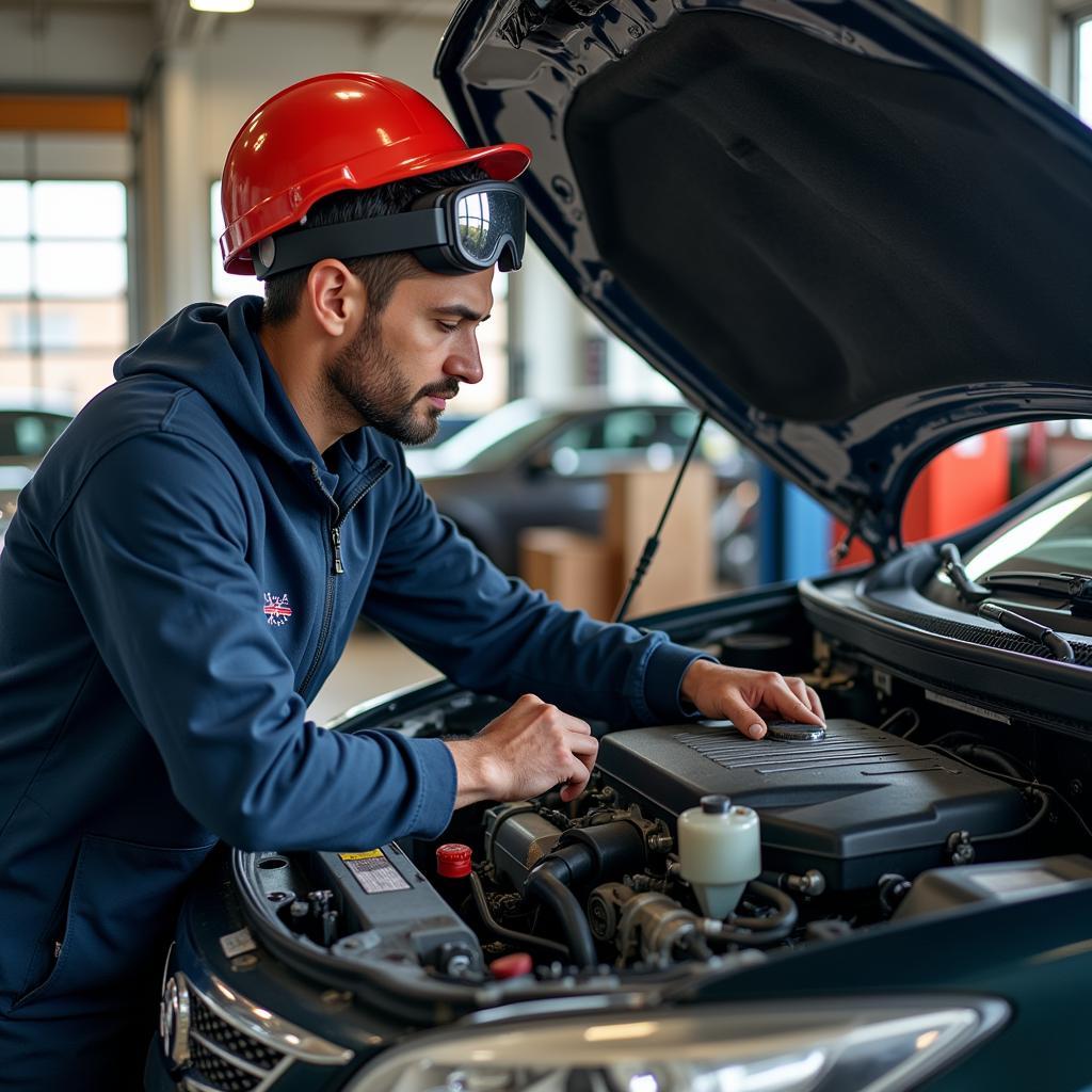 Certified mechanic working on a car engine in a Scarborough repair shop