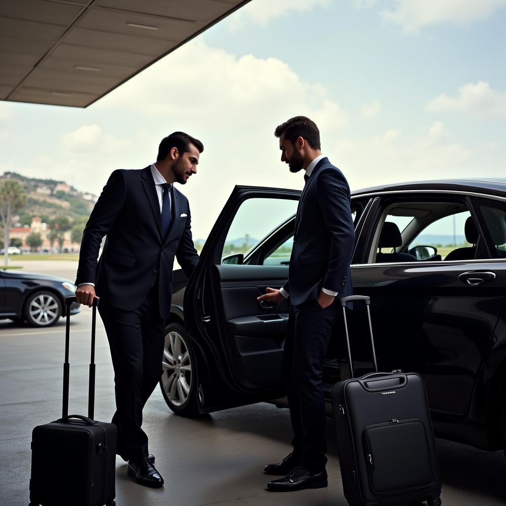 A chauffeur greets a client at Nice Airport for their car service to St Tropez.