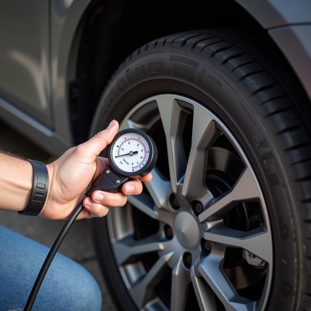 Checking tire pressure with a gauge