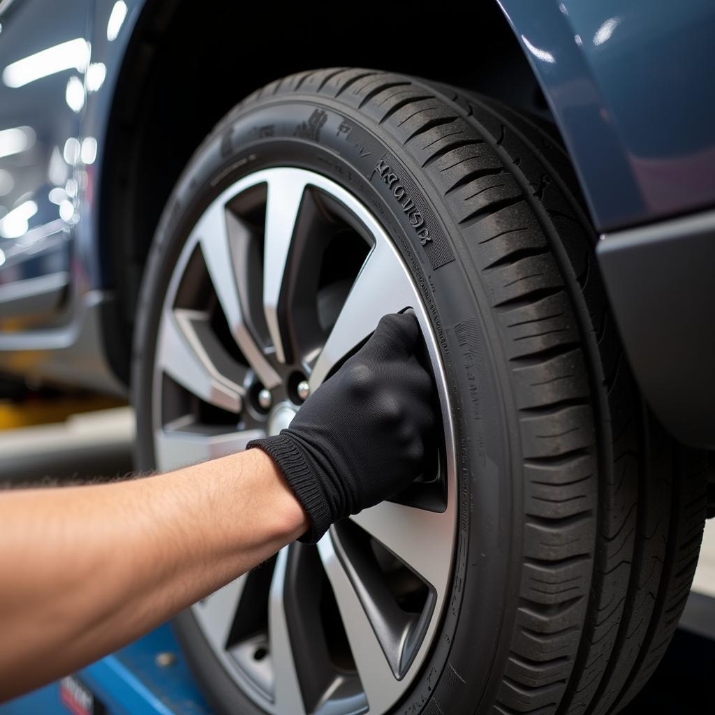 Close up of a hand checking tyre wear before wheel alignment