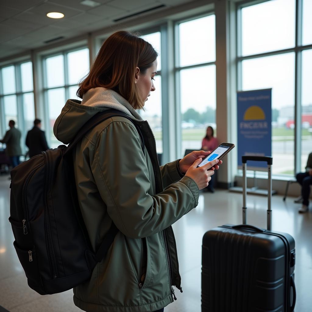 Chicago Midway Car Service Options: A traveler looking at their phone while waiting for a ride.