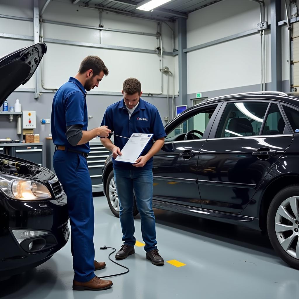 Mechanics Working on a Car in a Modern Auto Shop