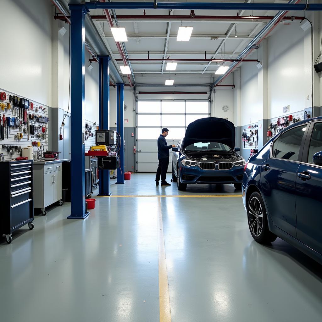 Clean and organized car dealership service bay