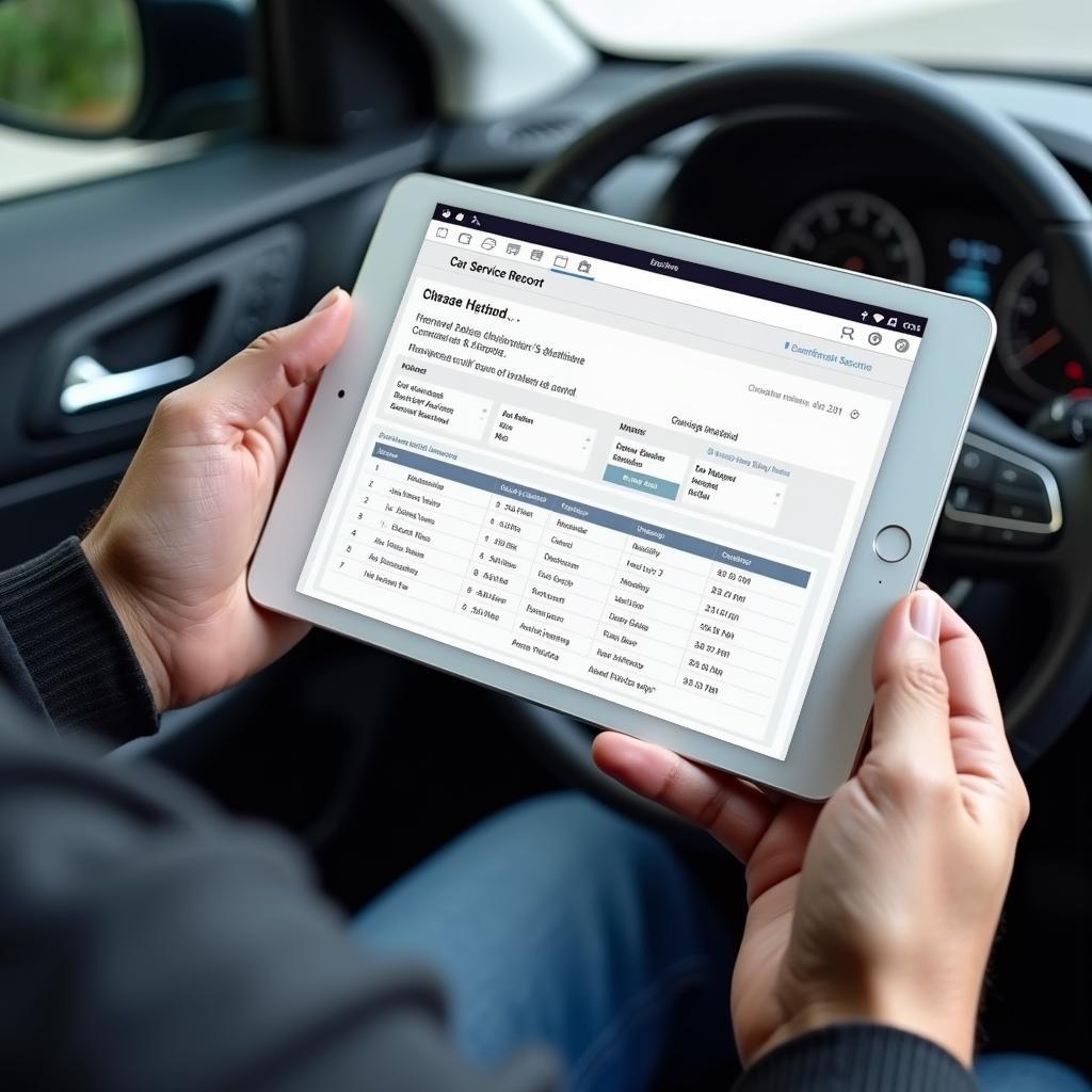 Close-up of a Hand Holding a Tablet Displaying a Digital Car Service Record