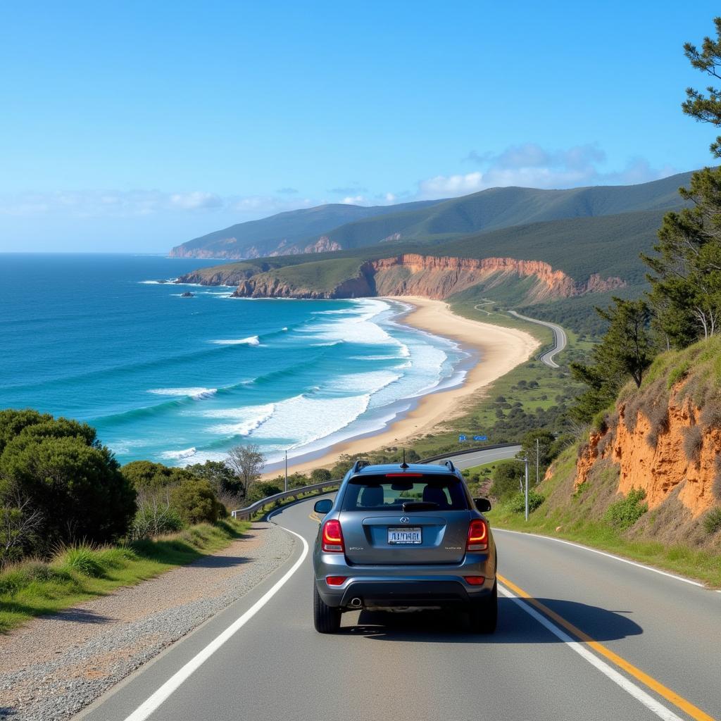 Coastal road trip from Brisbane to Byron Bay: Scenic route with a car driving along the coastline.