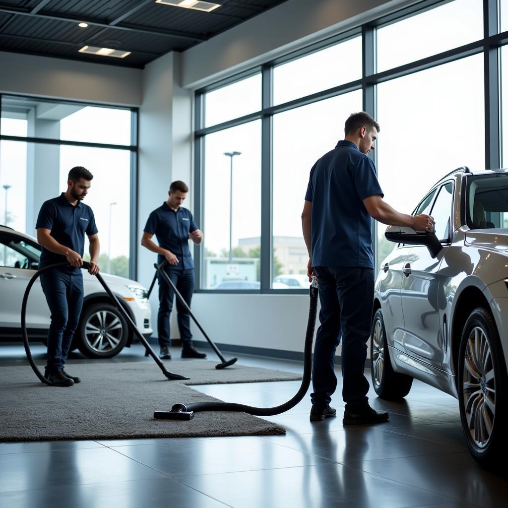 Commercial cleaning crew working in a car dealership