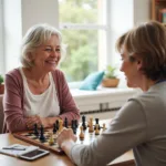 Senior playing chess with companion caregiver