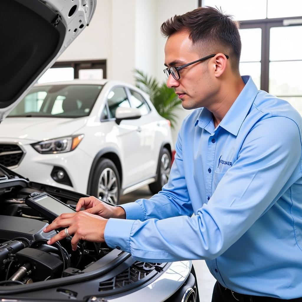 Comprehensive Car Service Coverage Included in Lease Agreement: A mechanic performing a multi-point inspection on a leased car.