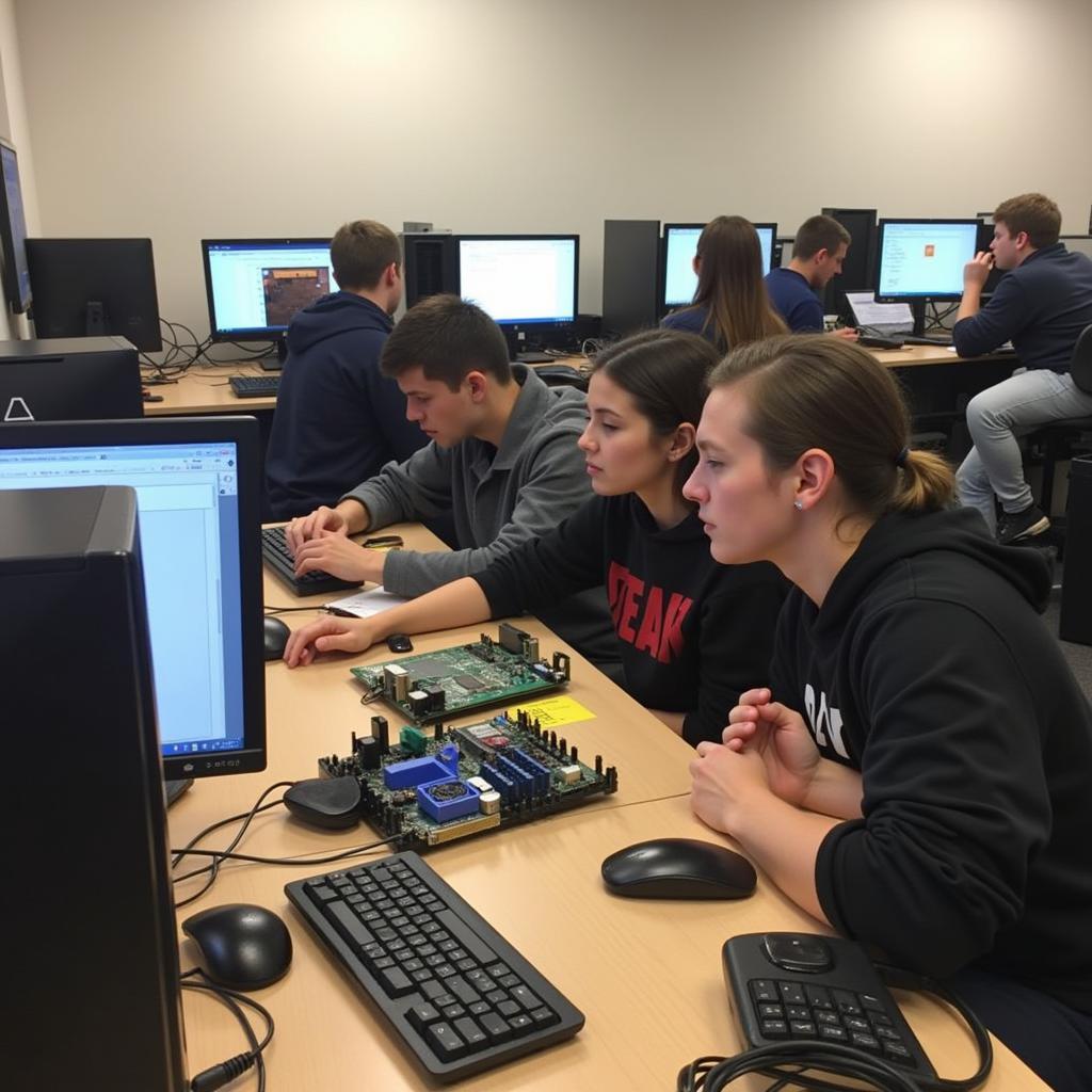 A group of students participating in a computer servicing training program, learning about different hardware components and software applications.