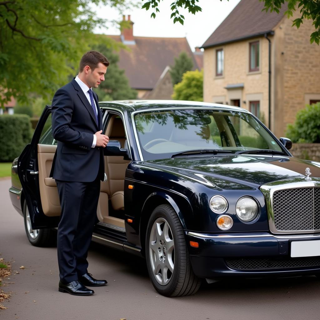 Chauffeur driven car parked in a Cotswolds village