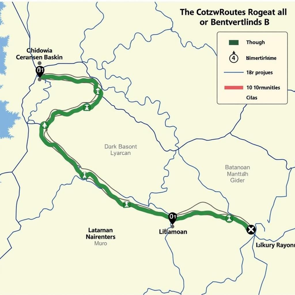 Map highlighting a scenic route through the Cotswolds