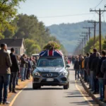 Cultural Significance of Car Funeral Processions: People standing along the roadside, watching a car funeral procession pass, paying their final respects.