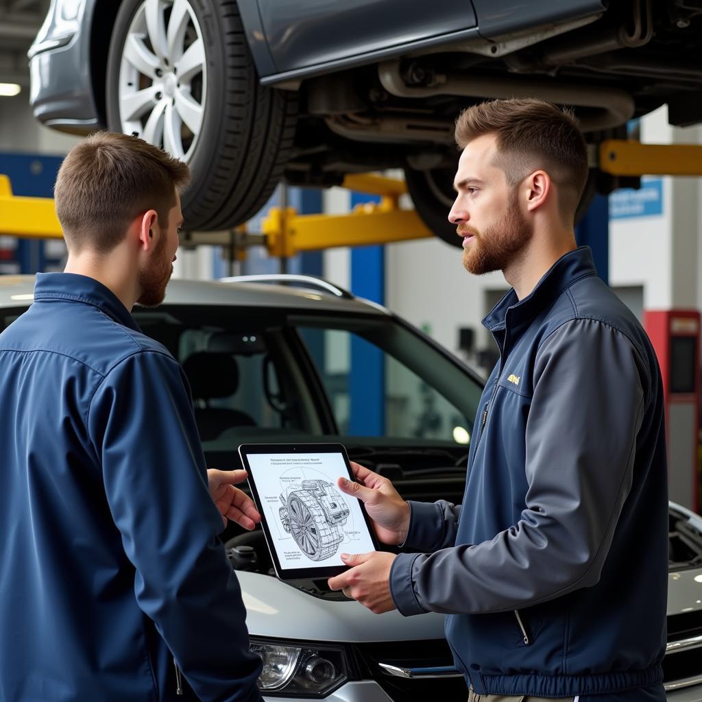 Customer discussing car repair options with a mechanic in a Letchworth garage