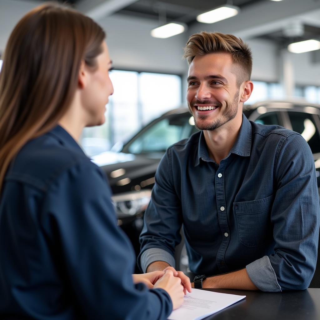 Customer Discussing Car Repair with Service Advisor