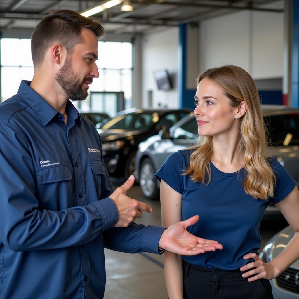 A customer discussing car repair options with a service advisor at an auto masters car service.