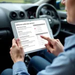 Customer completing a feedback survey on a tablet at a car service center.