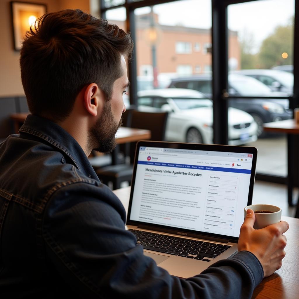 Customer reading online reviews on a laptop about car dealerships