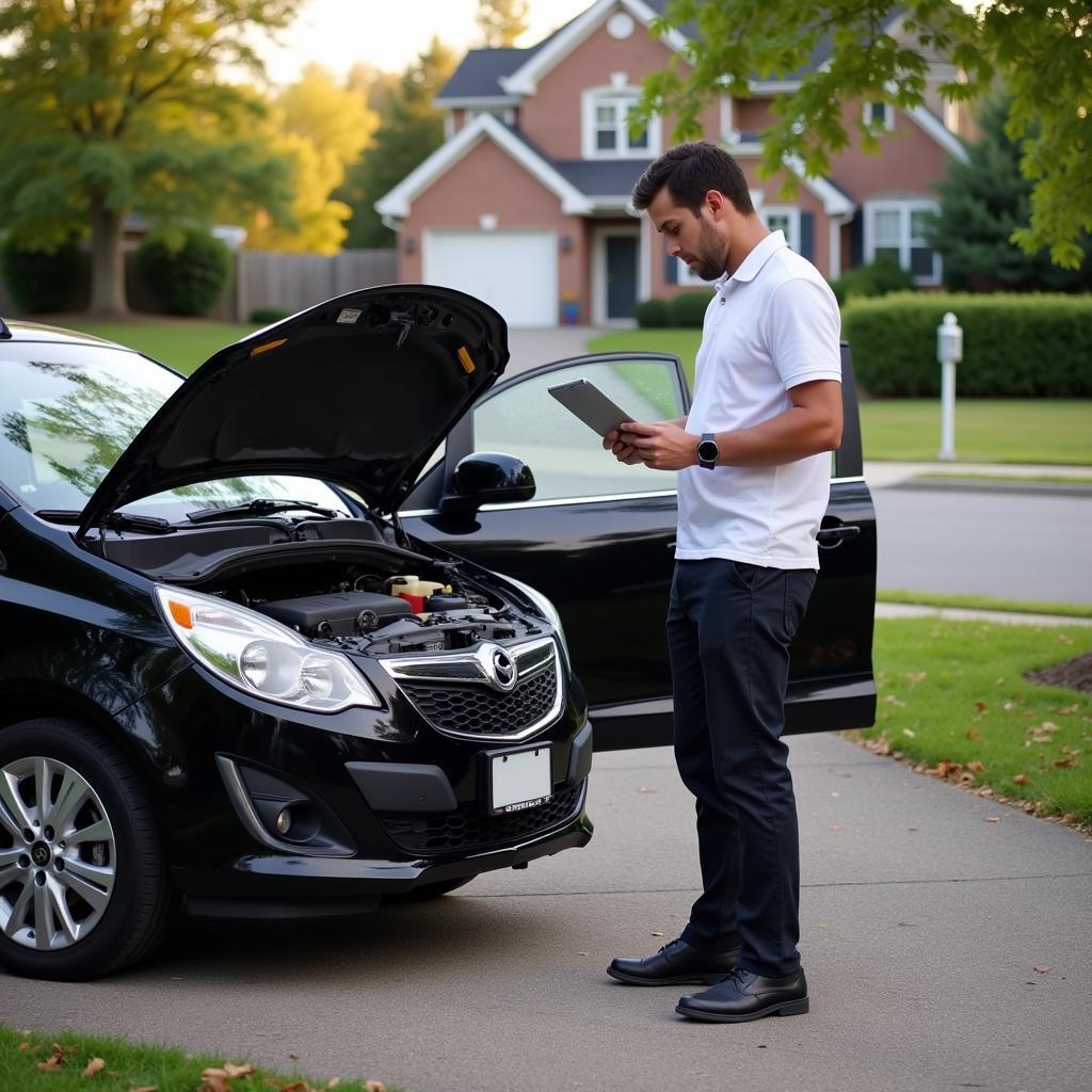 Customer reviewing invoice with mechanic after at-home car service completion