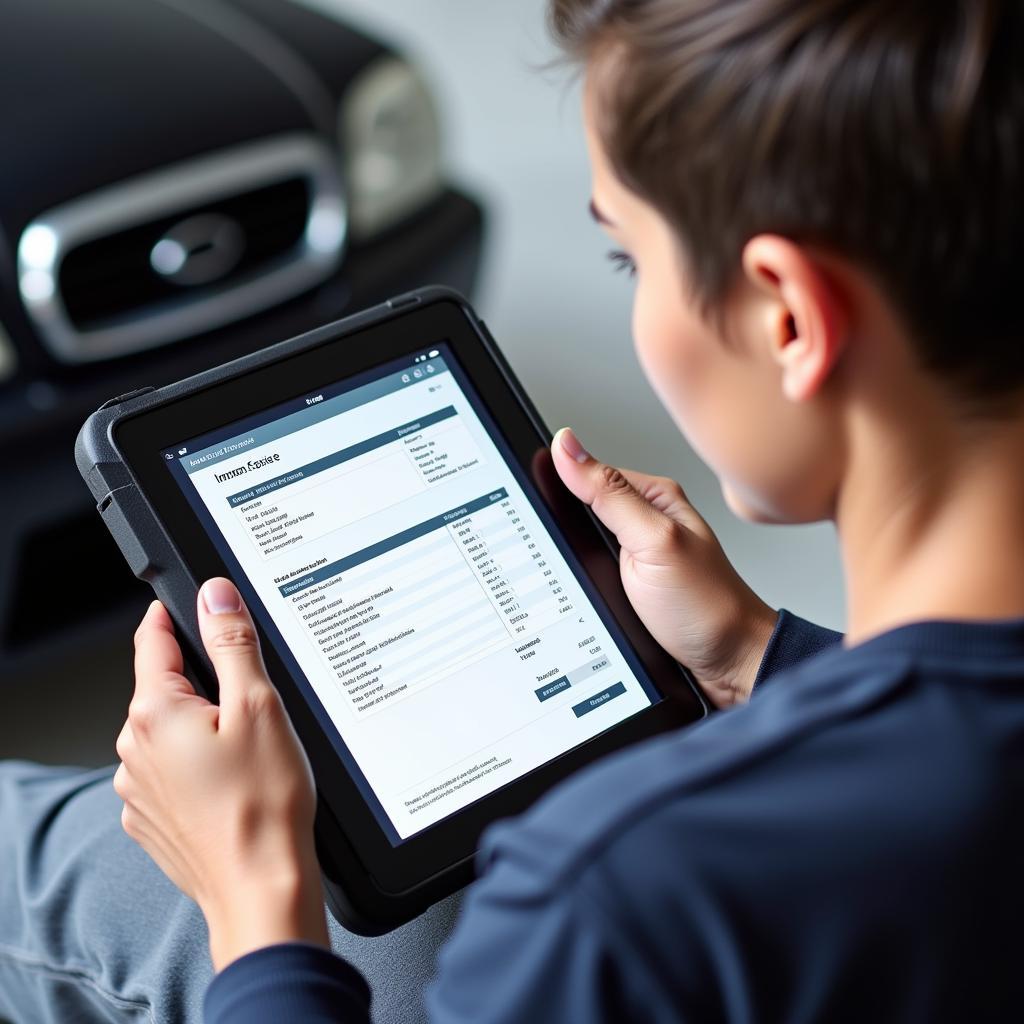 Customer Reviewing Car Repair Invoice on Tablet