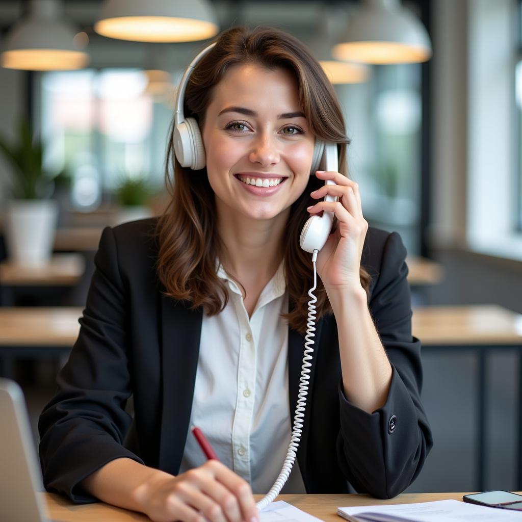 Customer service representative answering phone at auto repair shop.