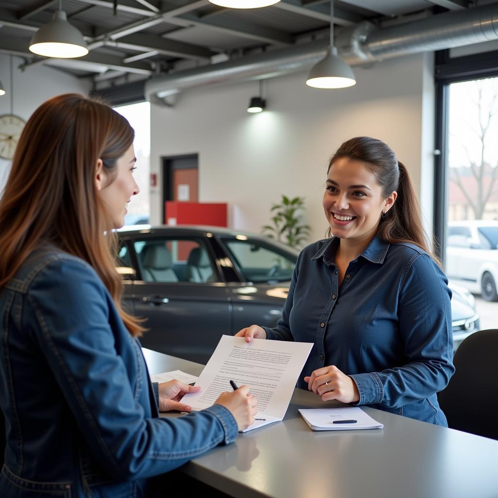 Customer discussing car maintenance with a service advisor.