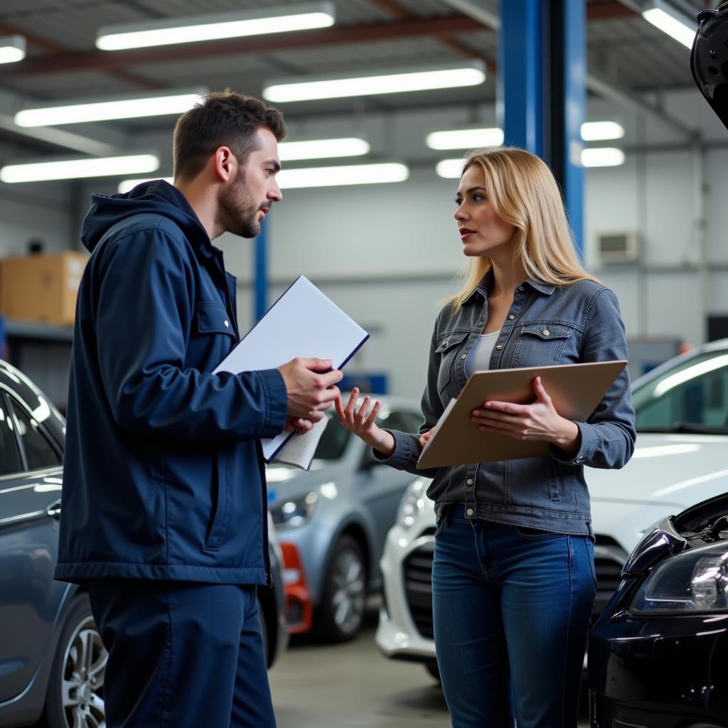 Customer talking to a mechanic about car service