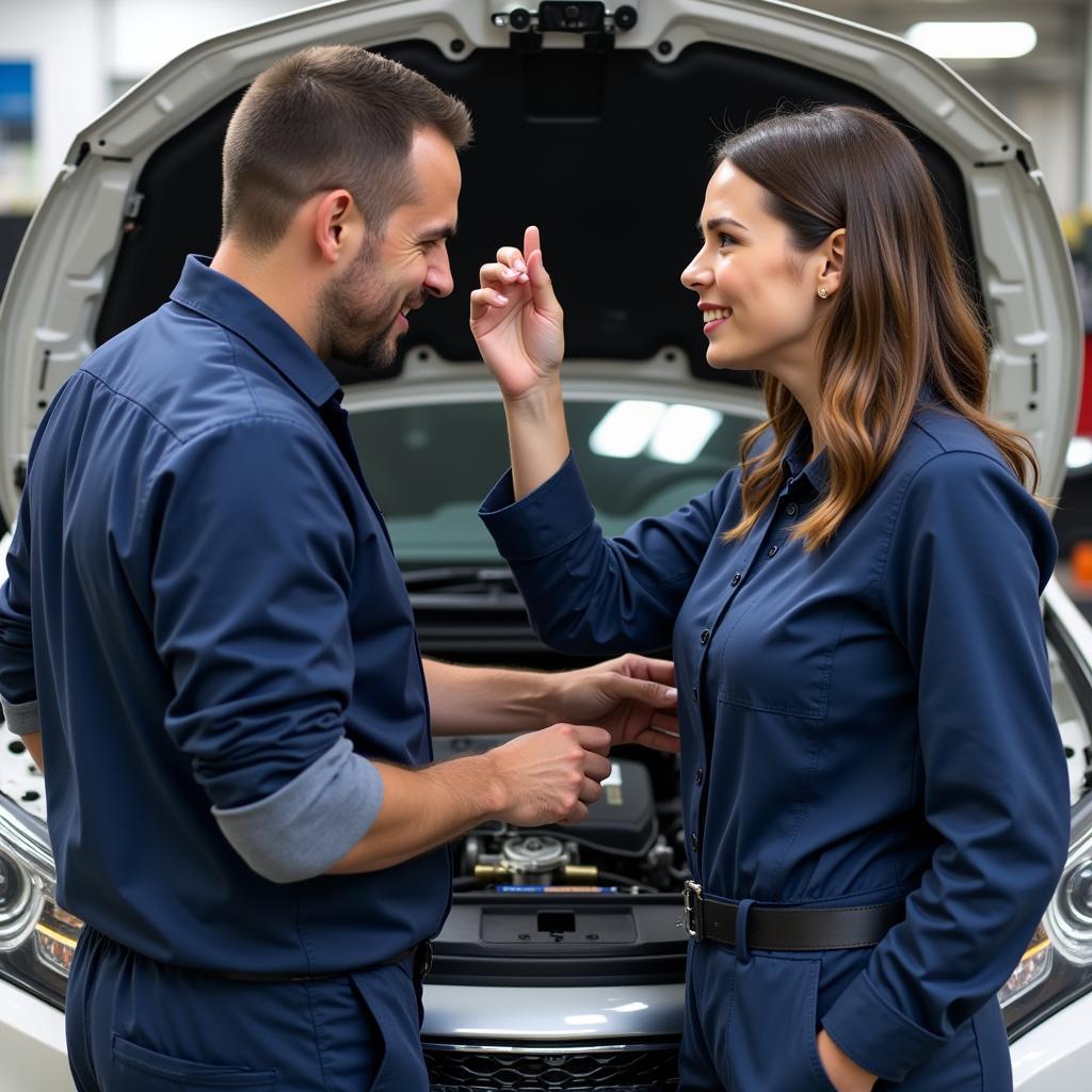 Customer Discussing Car Repair Options with Mechanic