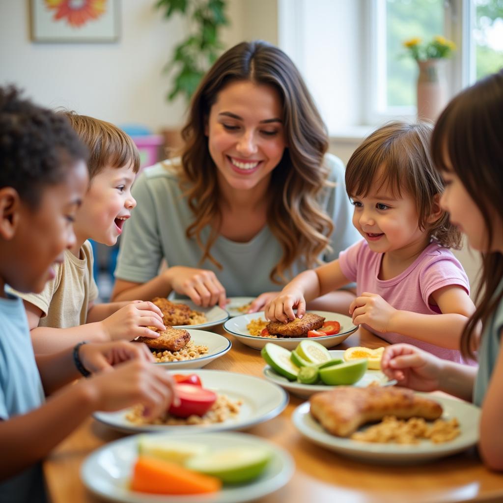 Children enjoying a healthy meal together in a day care setting