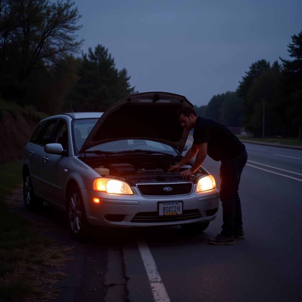 Dead car battery on the roadside