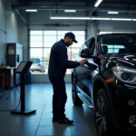 Technician working in a dealer service bay