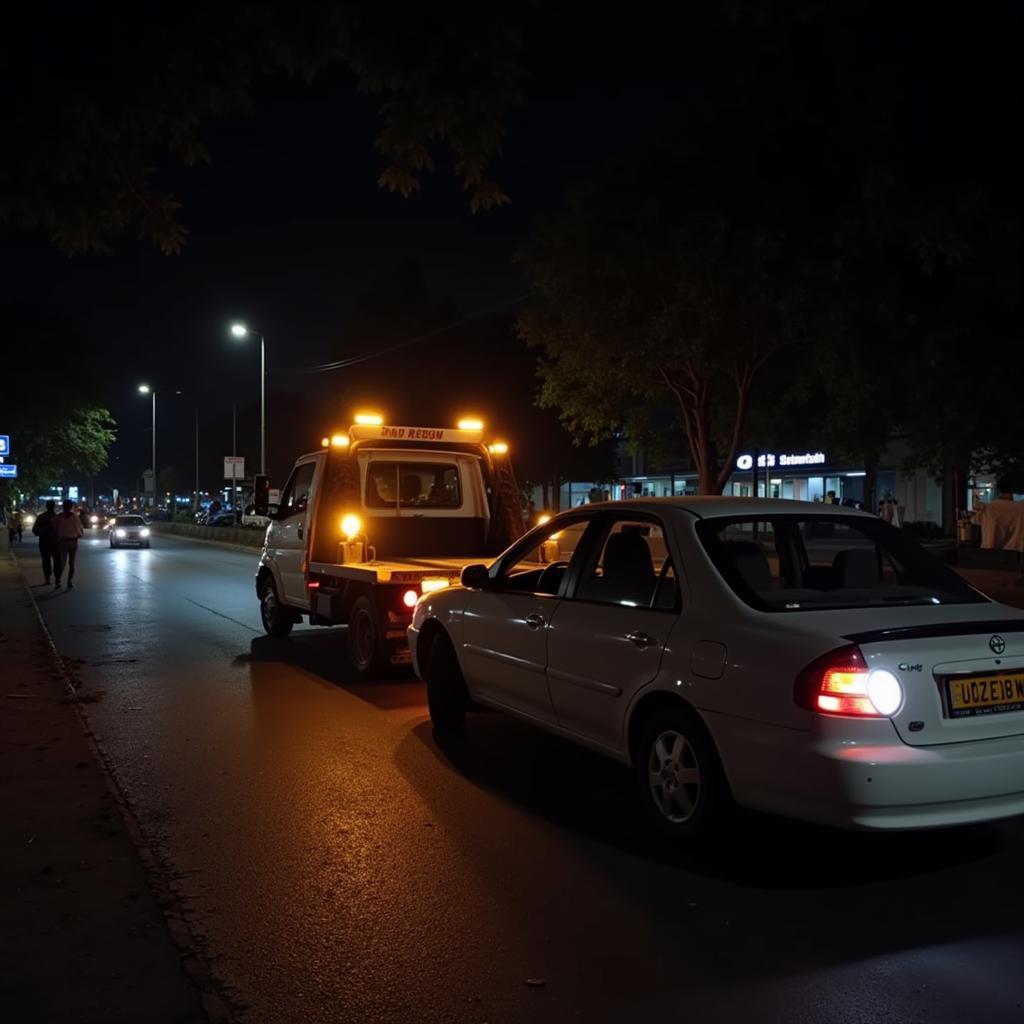 Tow Truck Towing a Broken Down Car in Delhi at Night