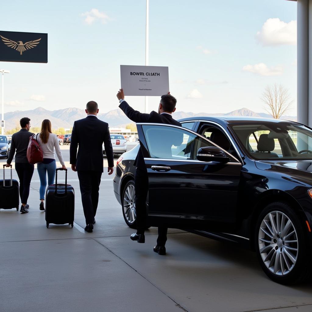 Car service picking up passengers at Denver Airport arrivals terminal.