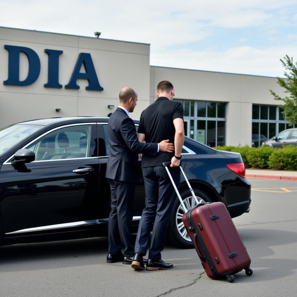 Chauffeur assisting with luggage at Denver Airport.