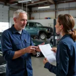 Dissatisfied Customer Arguing with Mechanic in a Car Repair Shop