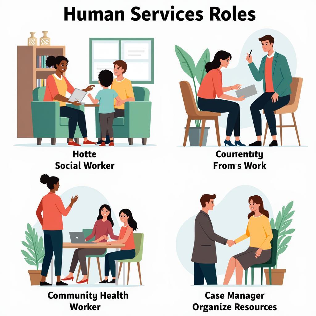 Various human services professionals in different work environments, demonstrating the diverse nature of the field.