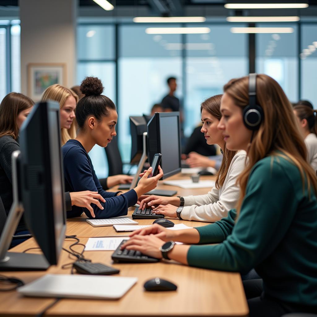 A diverse team collaborating in a busy service desk environment.