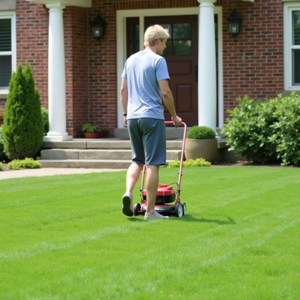 Homeowner mowing their lawn as part of DIY lawn care.