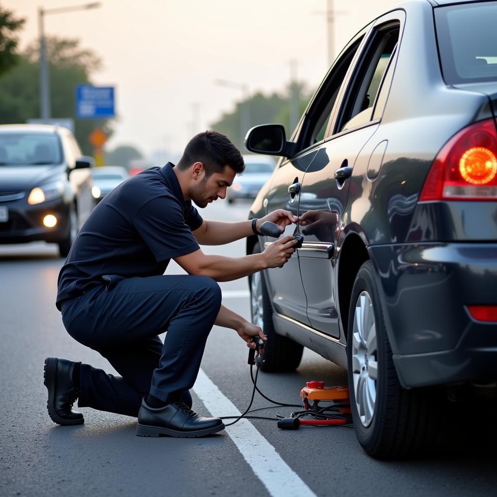 Changing a flat tire on the roadside in Dubai