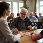 Elderly Man Engaging in Social Activity with Service Delivery Worker