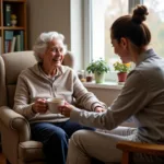 Elderly person receiving compassionate home care assistance from a caregiver.