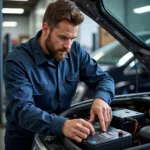 Technician checking electric car battery