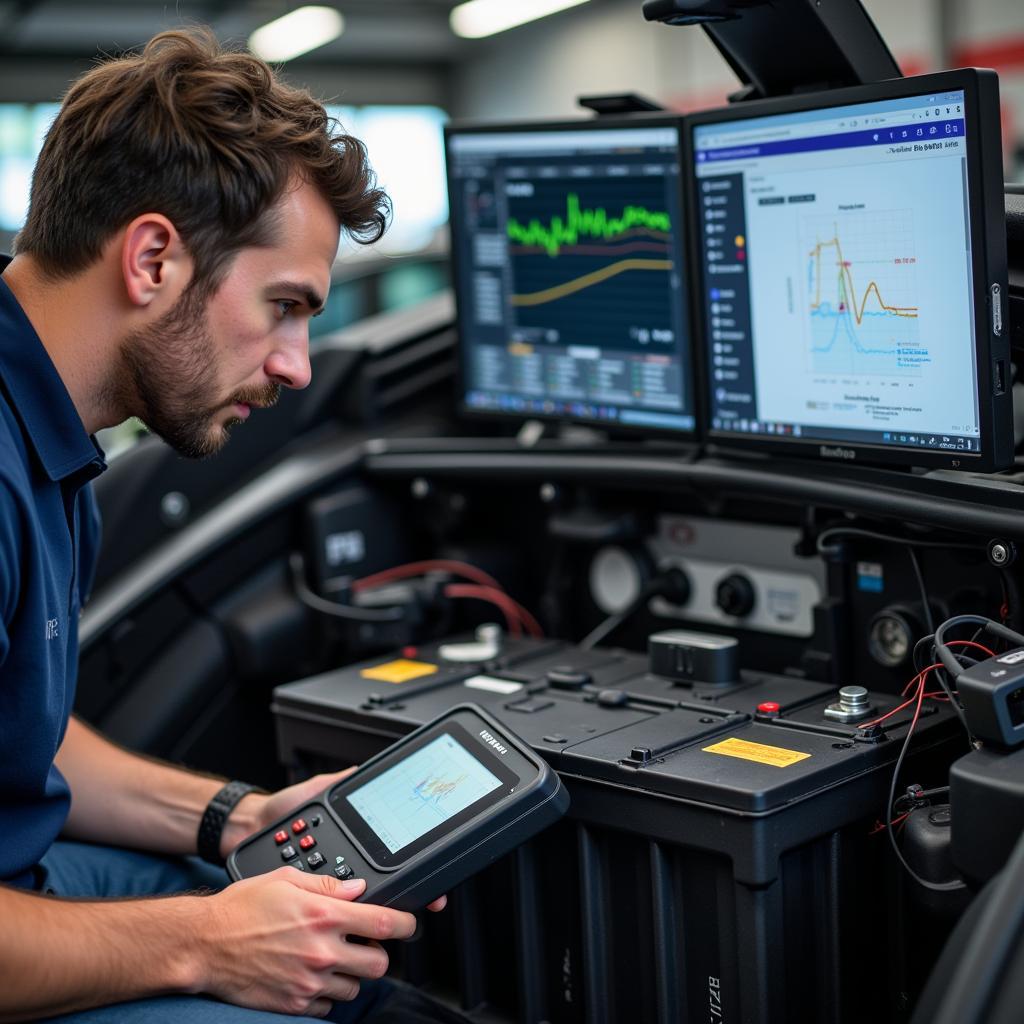 Technician Checking Electric Car Battery