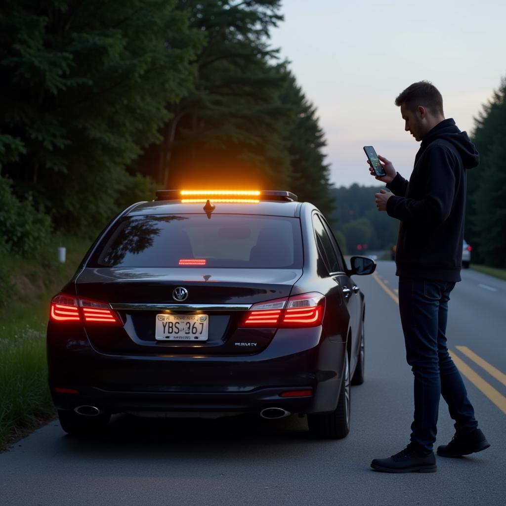 Car broken down on the side of the road, roadside assistance being called.