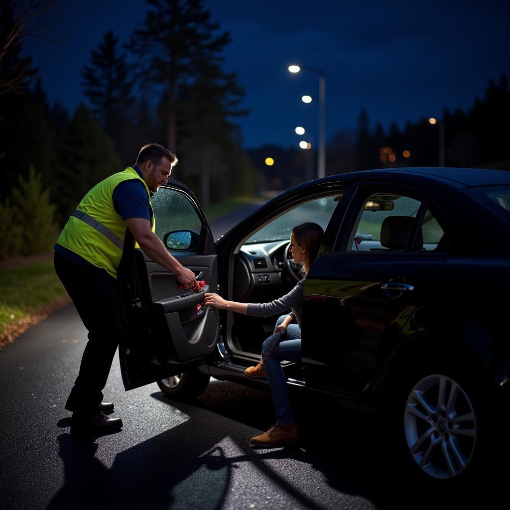 Emergency Car Door Opener Service Technician Assisting a Stranded Driver at Night