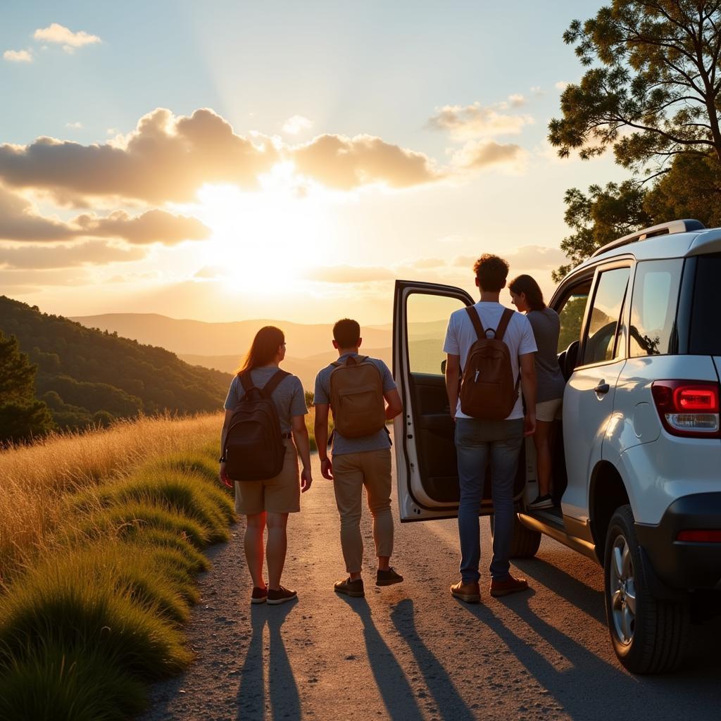 A group of friends enjoying a scenic view during their outstation car trip.