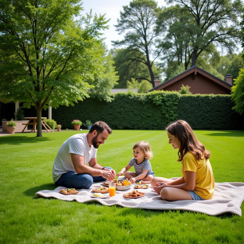 A family enjoying a picnic on their well-maintained lawn.