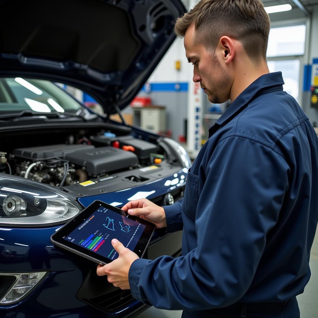 Technician Performing a Comprehensive Service Check on an Electric Vehicle